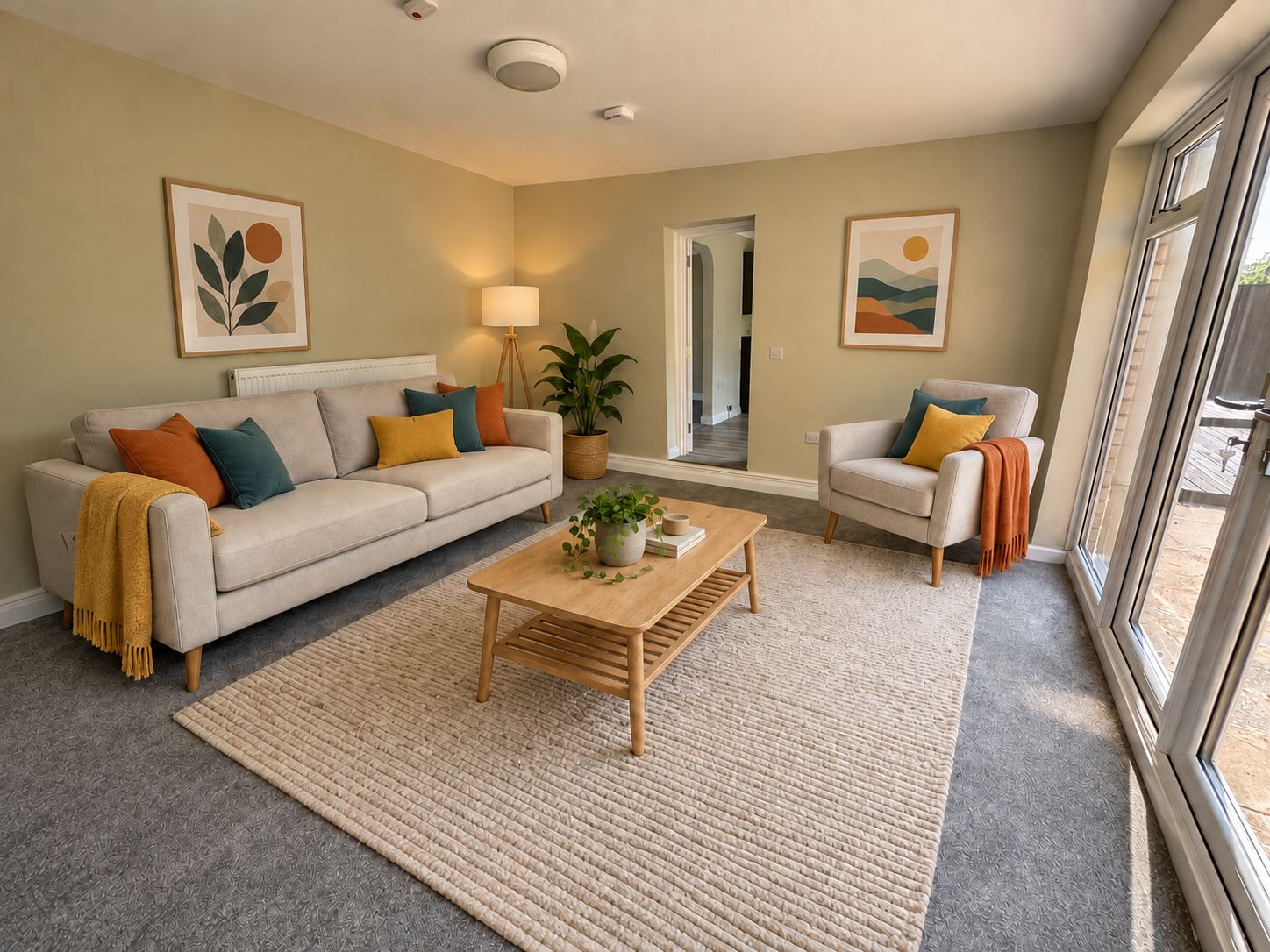 The living room, with soft furnishings and doors out to the garden