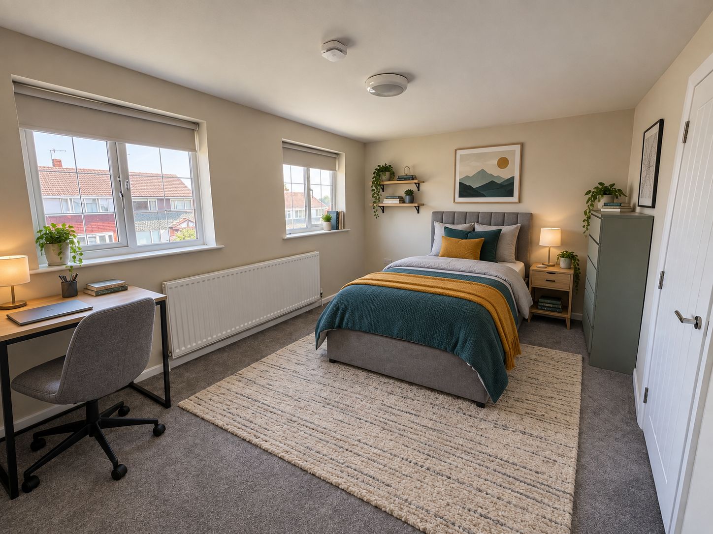 A young person’s bedroom, with a desk, shelves and a double bed